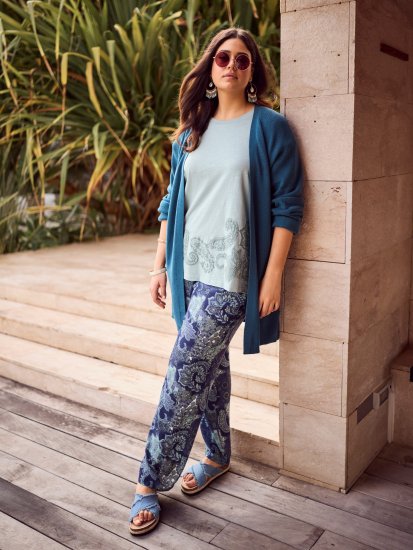 Ulla Popken Patchwork Paisley Elastic Waist Pants Blue - Džíny & Kalhoty ve Velkých Velikostech – Plus Size - 