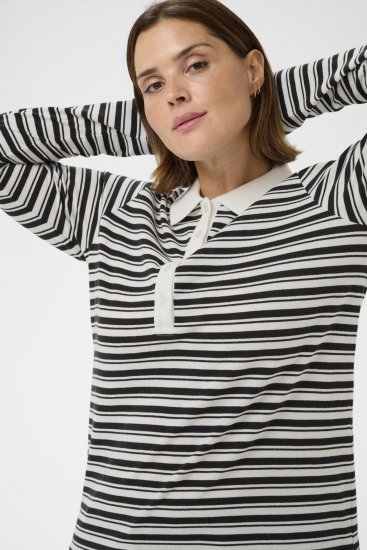 Kaffe Curve Miana Long Sleeve Polo Chalk with Black Stripe - Polokošile - 