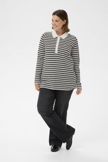 Kaffe Curve Miana Long Sleeve Polo Chalk with Black Stripe - Polokošile - 