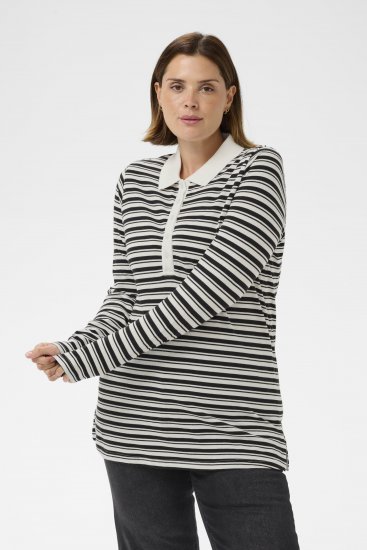 Kaffe Curve Miana Long Sleeve Polo Chalk with Black Stripe - Polokošile - 