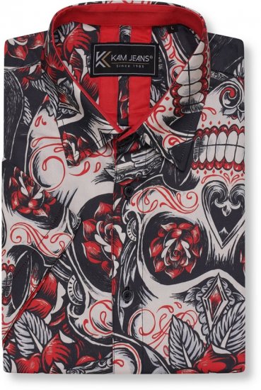 Kam Jeans 6062 Skull And Roses Print Short Sleeve Shirt Black - Košile - Košile 2XL-10XL