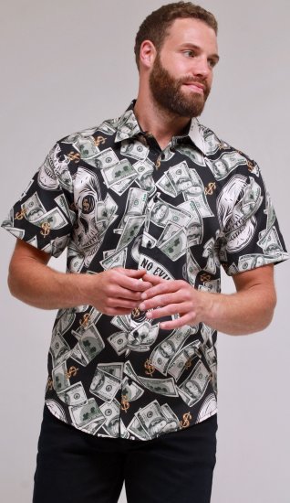 Kam Jeans 6064 Dollar Bills Print Short Sleeve Shirt Black - Košile - Košile 2XL-10XL