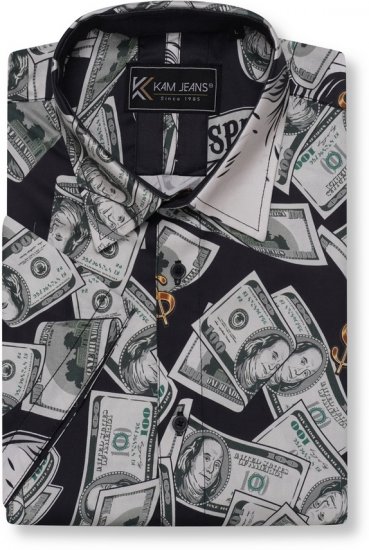 Kam Jeans 6064 Dollar Bills Print Short Sleeve Shirt Black - Košile - Košile 2XL-10XL