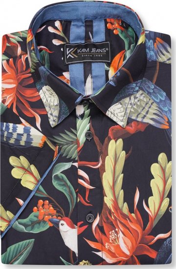 Kam Jeans 6066 Bird Print Short Sleeve Shirt Navy - Košile - Košile 2XL-10XL
