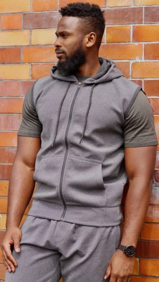 Kam Jeans 7077 Textured Interlock Sleeveless Hoodie Charcoal - Mikiny & mikiny s kapucí - Mikiny & Mikiny s kapucí 2XL-12XL