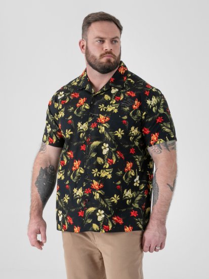 D555 Gordon Hawaiian AOP Cuvan Collar Resort Short Sleeve Black - Košile - Košile 2XL-10XL