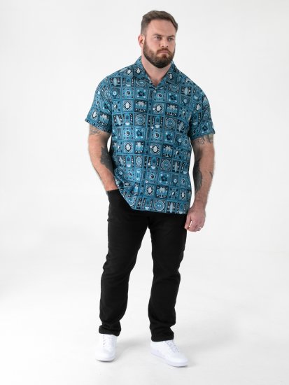 D555 Hawkins Printed Cuban Collar Resort Short Sleeve Shirt Teal - Košile - Košile 2XL-10XL