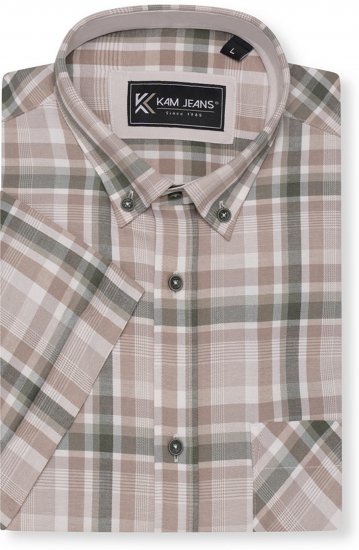 Kam Jeans 6339 Checked Short Sleeve Shirt Beige - Košile - Košile 2XL-10XL