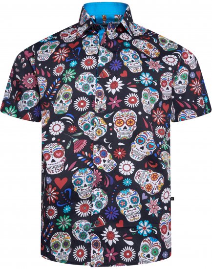 Kam Jeans 6069 Skull Print Short Sleeve Black - Košile - Košile 2XL-10XL