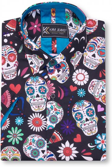 Kam Jeans 6069 Skull Print Short Sleeve Black - Košile - Košile 2XL-10XL
