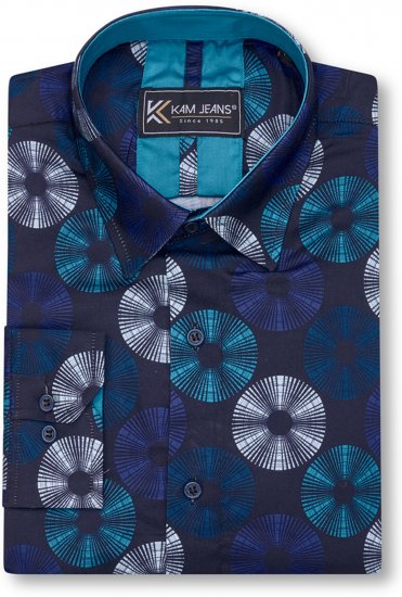 Kam Jeans 6071 Record Print Long Sleeve Shirt Navy - Košile - Košile 2XL-10XL