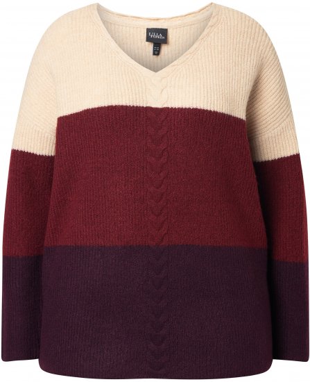 Ulla Popken Cable Knit Block Stripe V-Neck Sweater Dark Ruby - Mikiny & mikiny s kapucí - 