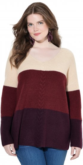 Ulla Popken Cable Knit Block Stripe V-Neck Sweater Dark Ruby - Mikiny & mikiny s kapucí - 