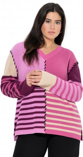 Ulla Popken Patchwork Striped Long Sleeve V-Neck Sweater Raspberry - Mikiny & mikiny s kapucí - 