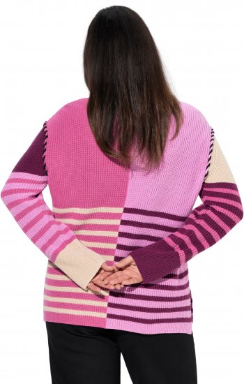 Ulla Popken Patchwork Striped Long Sleeve V-Neck Sweater Raspberry - Mikiny & mikiny s kapucí - 