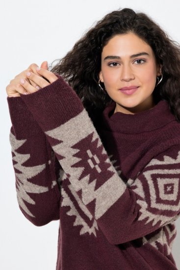 Ulla Popken Aztec Pattern Turtleneck Sweater Plum - Mikiny & mikiny s kapucí - Pohodlné mikiny, hoodie a pleteniny