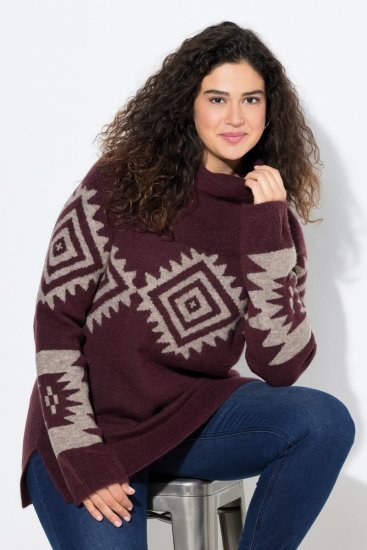 Ulla Popken Aztec Pattern Turtleneck Sweater Plum - Mikiny & mikiny s kapucí - Pohodlné mikiny, hoodie a pleteniny