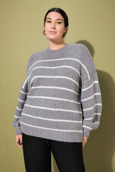 Ulla Popken Oversized Striped Balloon Sleeve Sweater Grey Melange - Mikiny & mikiny s kapucí - 