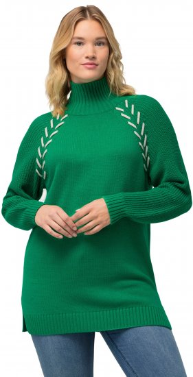 Ulla Popken Contrast Braid Turtleneck Sweater Emerald Green - Mikiny & mikiny s kapucí - 