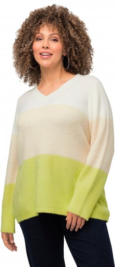 Ulla Popken Block Stripe Long Sleeve V-Neck Sweater Lime Green - Mikiny & mikiny s kapucí - 