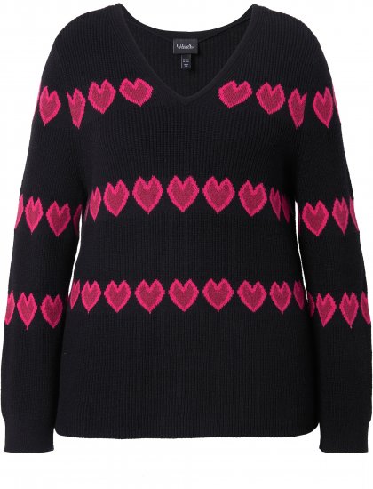 Ulla Popken Heart Print Long Sleeve V-Neck Sweater Black - Mikiny & mikiny s kapucí - 