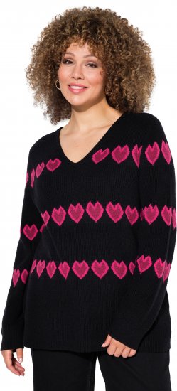 Ulla Popken Heart Print Long Sleeve V-Neck Sweater Black - Mikiny & mikiny s kapucí - 