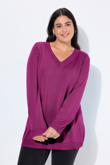 Ulla Popken Soft Fine Knit Pullover V-Neck Sweatshirt Dark Lilac - Mikiny & mikiny s kapucí - Pohodlné mikiny, hoodie a pleteniny