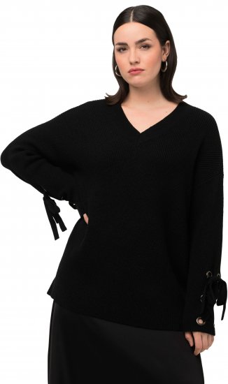 Ulla Popken Lace-Up Cuff Long Sleeve V-Neck Sweater Black - Mikiny & mikiny s kapucí - 