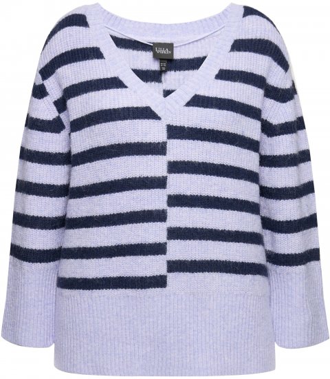 Ulla Popken Split Stripe Long Sleeve V-Neck Sweater Blue Grey - Mikiny & mikiny s kapucí - 