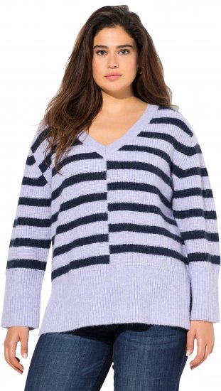 Ulla Popken Split Stripe Long Sleeve V-Neck Sweater Blue Grey - Mikiny & mikiny s kapucí - 