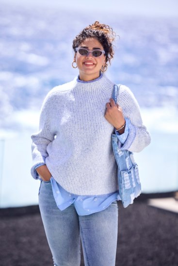 Ulla Popken Striped Wool Blend Turtleneck Sweater Sky Blue - Mikiny & mikiny s kapucí - 