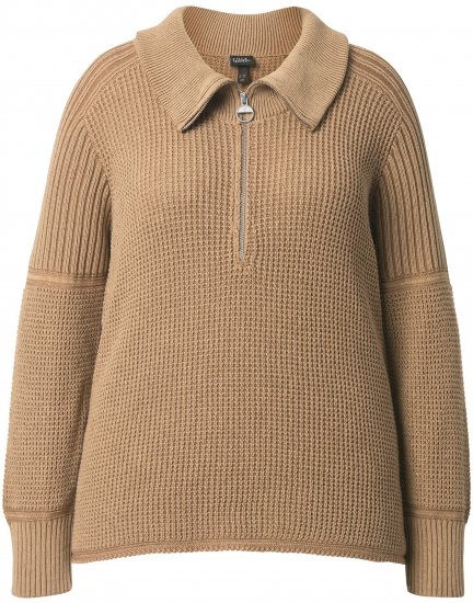 Ulla Popken Two-Tone Mixed Knit Troyer Collar Sweater Caramel - Mikiny & mikiny s kapucí - 