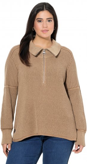 Ulla Popken Two-Tone Mixed Knit Troyer Collar Sweater Caramel - Mikiny & mikiny s kapucí - 