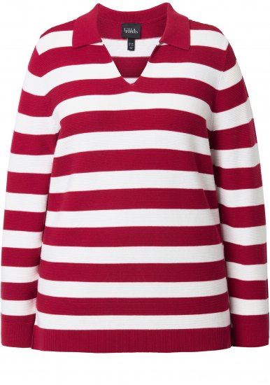 Ulla Popken Striped Polo Collar Long Sleeve Sweater Ruby Red - Mikiny & mikiny s kapucí - 