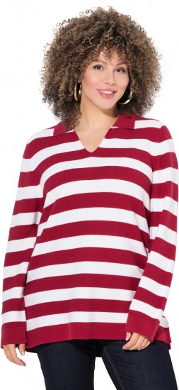 Ulla Popken Striped Polo Collar Long Sleeve Sweater Ruby Red - Mikiny & mikiny s kapucí - 