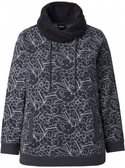 Ulla Popken Teddy Collar Printed Sweatshirt Black - Mikiny & mikiny s kapucí - 
