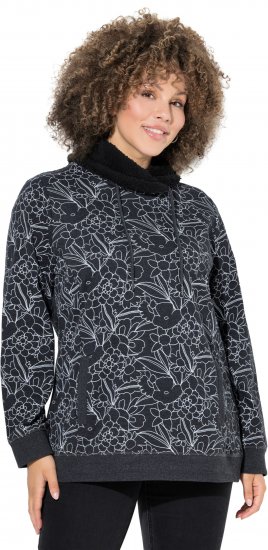 Ulla Popken Teddy Collar Printed Sweatshirt Black - Mikiny & mikiny s kapucí - 