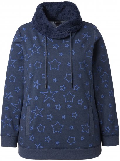 Ulla Popken Teddy Collar Printed Sweatshirt Navy - Mikiny & mikiny s kapucí - 