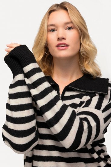 Ulla Popken Striped Troyer Collar Sweater Black - Mikiny & mikiny s kapucí - Pohodlné mikiny, hoodie a pleteniny