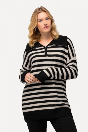 Ulla Popken Striped Troyer Collar Sweater Black - Mikiny & mikiny s kapucí - Pohodlné mikiny, hoodie a pleteniny