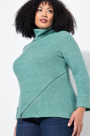 Ulla Popken Asymmetric Zipper Turtleneck Sweater Green - Mikiny & mikiny s kapucí - Pohodlné mikiny, hoodie a pleteniny