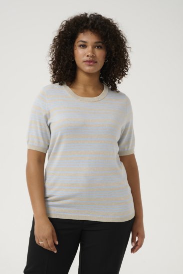 Kaffe Curve Lizzy Pruhovaný svetr Béžová/Jemně modrá - Potištěná trička pro ženy - 