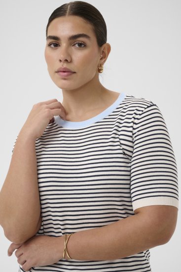 Kaffe Curve Lizzy Knit T-Shirt Chalk/Midnight Fine Stripe - Trička - 