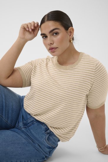 Kaffe Curve Lizzy Knit T-Shirt Feather Melange/Chalk Fine Stripe - Trička - 