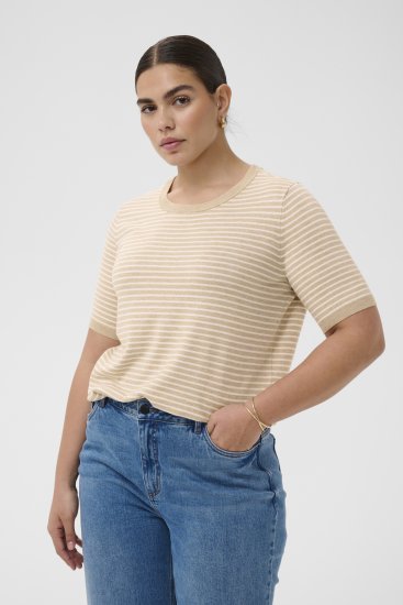 Kaffe Curve Lizzy Knit T-Shirt Feather Melange/Chalk Fine Stripe - Trička - 