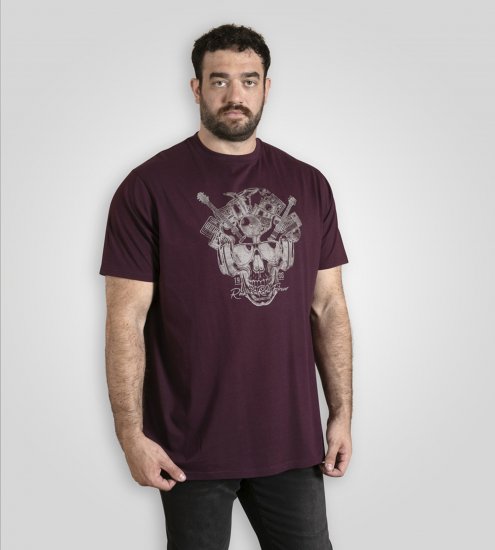 D555 Grimsby Rock n' Roll Skull Printed T-Shirt Burgundy - Trička s potiskem - Trička s potiskem - 2XL-8XL