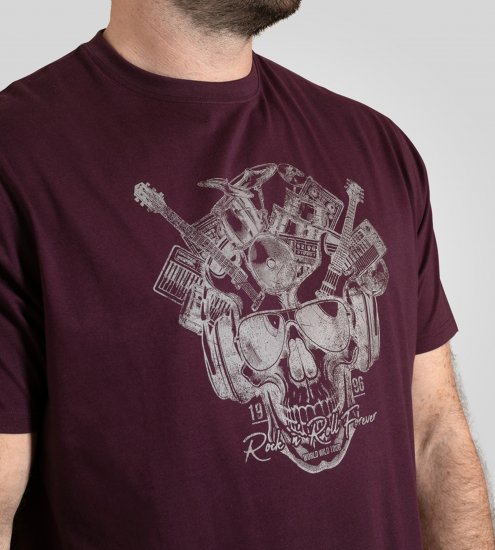 D555 Grimsby Rock n' Roll Skull Printed T-Shirt Burgundy - Trička s potiskem - Trička s potiskem - 2XL-8XL