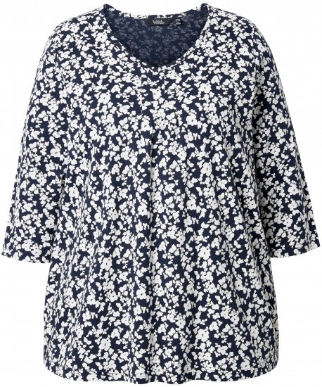 Ulla Popken Floral 3/4 Sleeve V-Neck A-Line Tee Navy - Trička - 