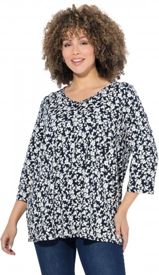 Ulla Popken Floral 3/4 Sleeve V-Neck A-Line Tee Navy - Trička - 