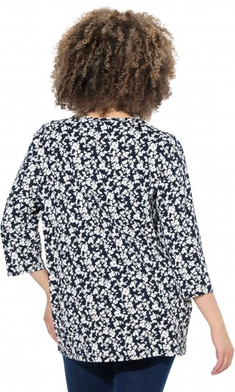 Ulla Popken Floral 3/4 Sleeve V-Neck A-Line Tee Navy - Trička - 